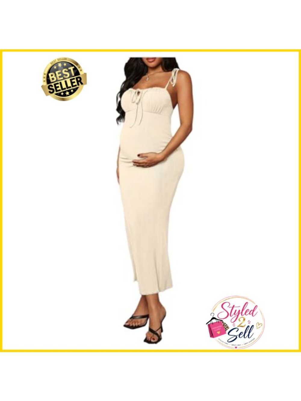 Maternity Ribbed Knit Bodycon Cami Midi Dress Ruched Drawstring Sleeveless